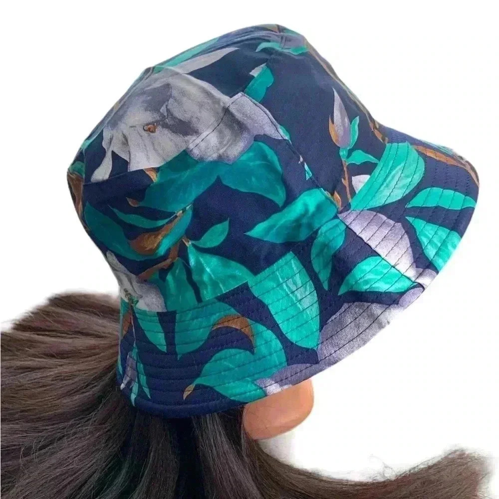 Boutique Handcrafted OSFM Navy Blue Bird Printed Bucket Hat Birding Fauna Floral - Picture 3 of 7
